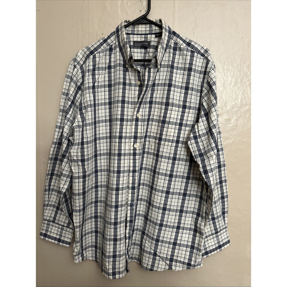 Mens Covington Large Navy Cream Plaid Button Down Collar Dress Shirt‎